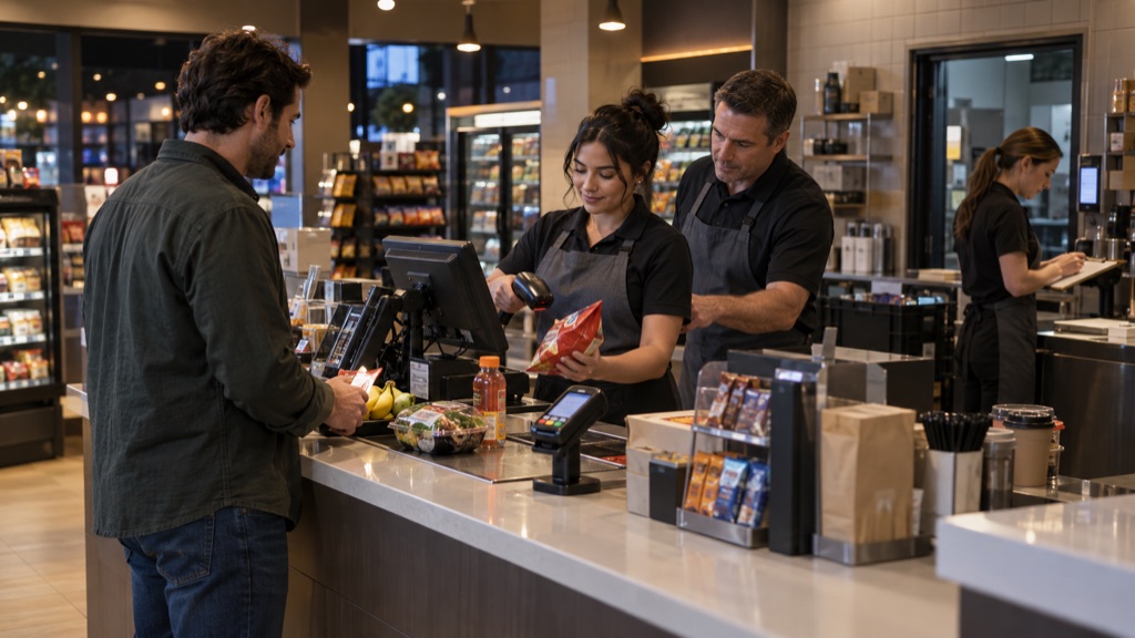 Convenience-store cashier handling an exception during an active shift