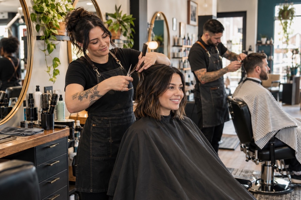 Stylist cutting a client's hair while a barber serves another client in a neighborhood salon.