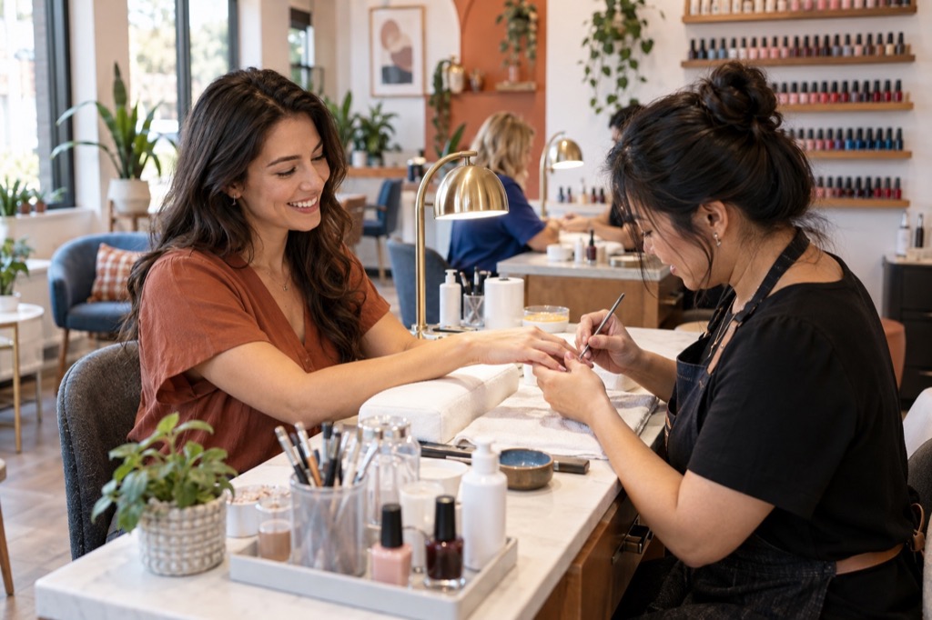 Nail technician performing a manicure for a client in a neighborhood nail studio.