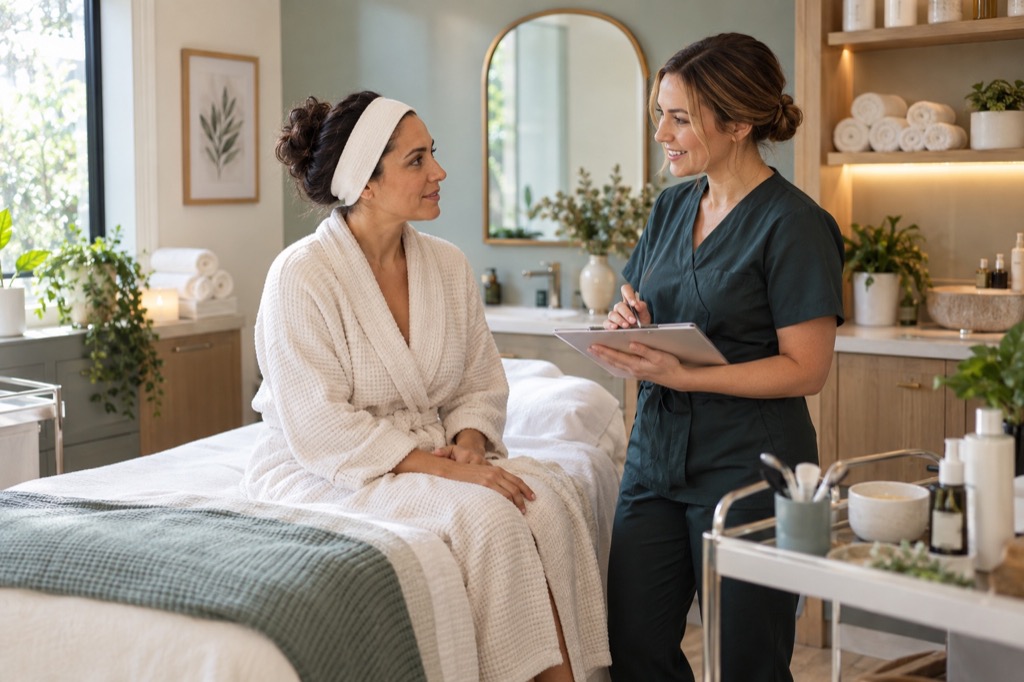 Spa provider reviewing treatment details with a client in a private treatment room.