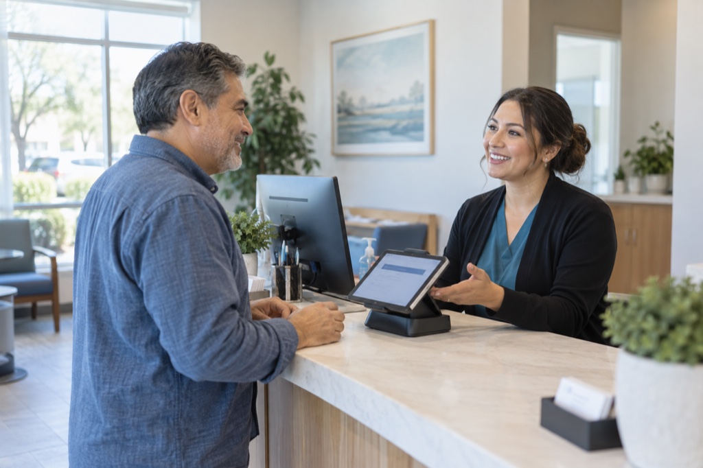 Patient speaking with a front-desk coordinator beside a tablet payment terminal in an independent practice.