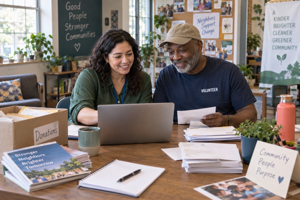 Nonprofit staff member and volunteer reviewing donation and acknowledgement records at a community office.