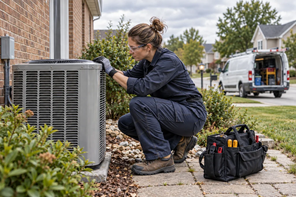 Illustrative HVAC technician inspecting a closed outdoor condenser beside a home.