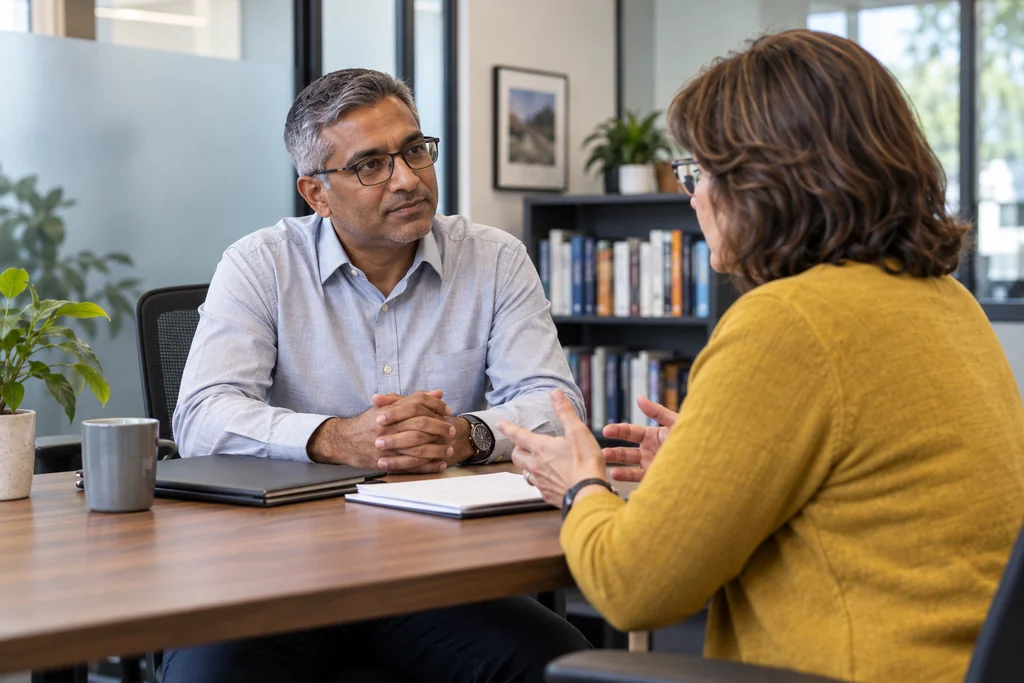 Illustrative consultant listening to a client across a meeting table.