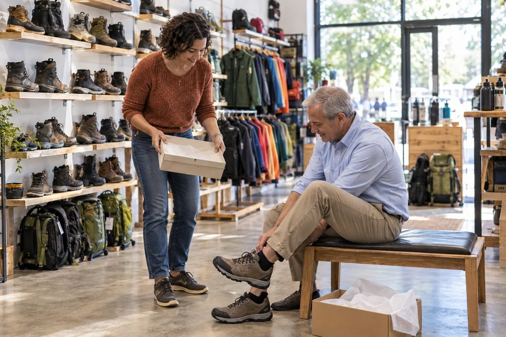 Illustrative shop owner helping a customer try walking shoes in a footwear shop.