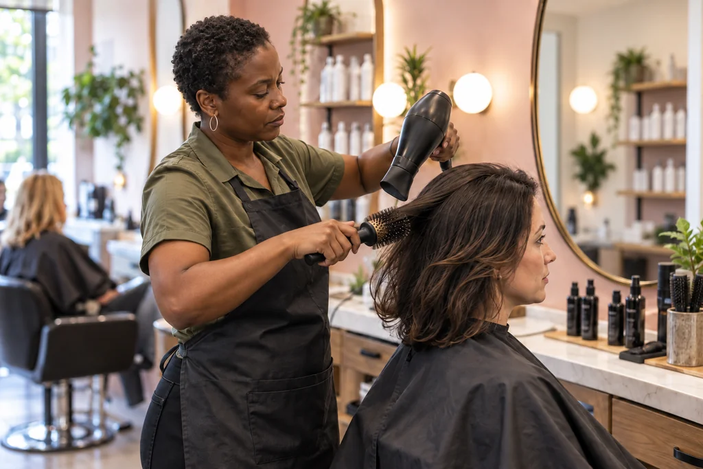 Illustrative stylist blow-drying a client’s hair in an active salon.