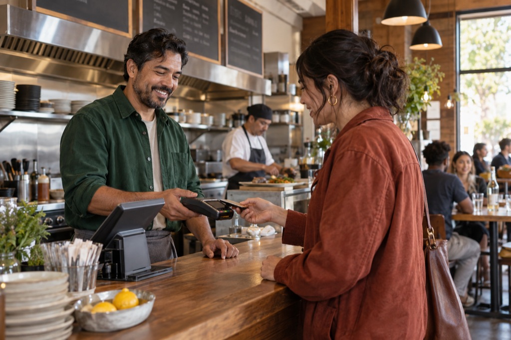 Illustrative restaurant owner accepting a card payment from a customer during lunch service.