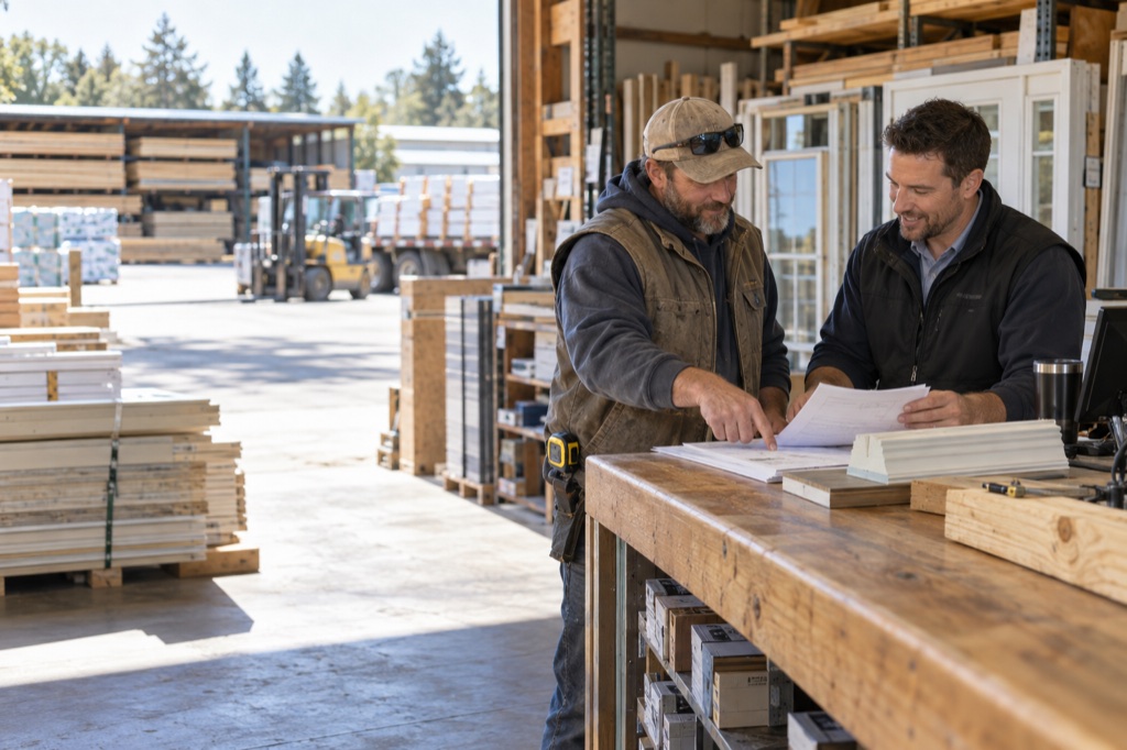 Contractor and building-material dealer reviewing a quote and special-order materials at a working counter.