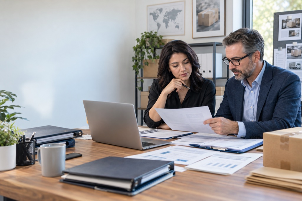 Business owner and advisor reviewing fulfillment, billing and payment-risk documentation.