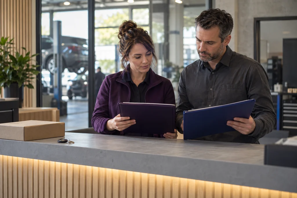 Automotive dealership advisor reviewing a vehicle service and payment record.