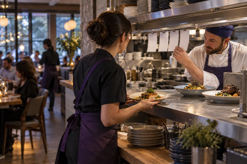 Illustrative restaurant service: a server and chef coordinate a plated order at the kitchen pass.
