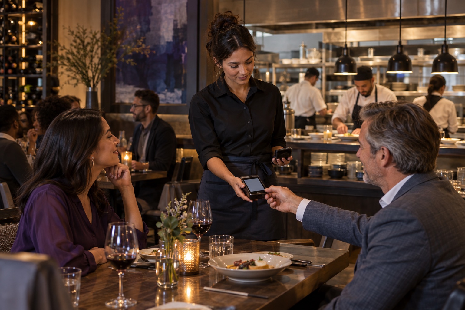Illustrative tableside payment scene representing a handheld payment category.