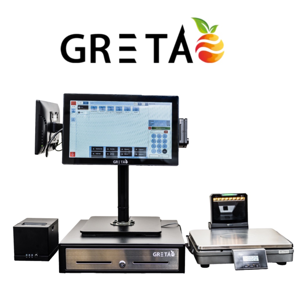 GRETA grocery POS station with checkout screen, scanner, receipt printer and integrated scale